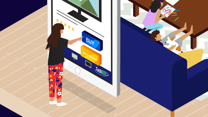 Woman about to click the buy now button on a giant mobile phone.